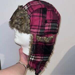 NWT Pink & black Trooper Plaid Bomber faux fur Aviator Hat one size unisex